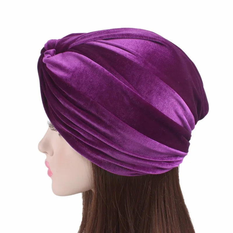 Soft Velvet Stretchy Turban Bonnet Muslim Winter Warm Hat Forehead Cross Hijab Caps Female Underscarf Cap Indian Hat Turbante