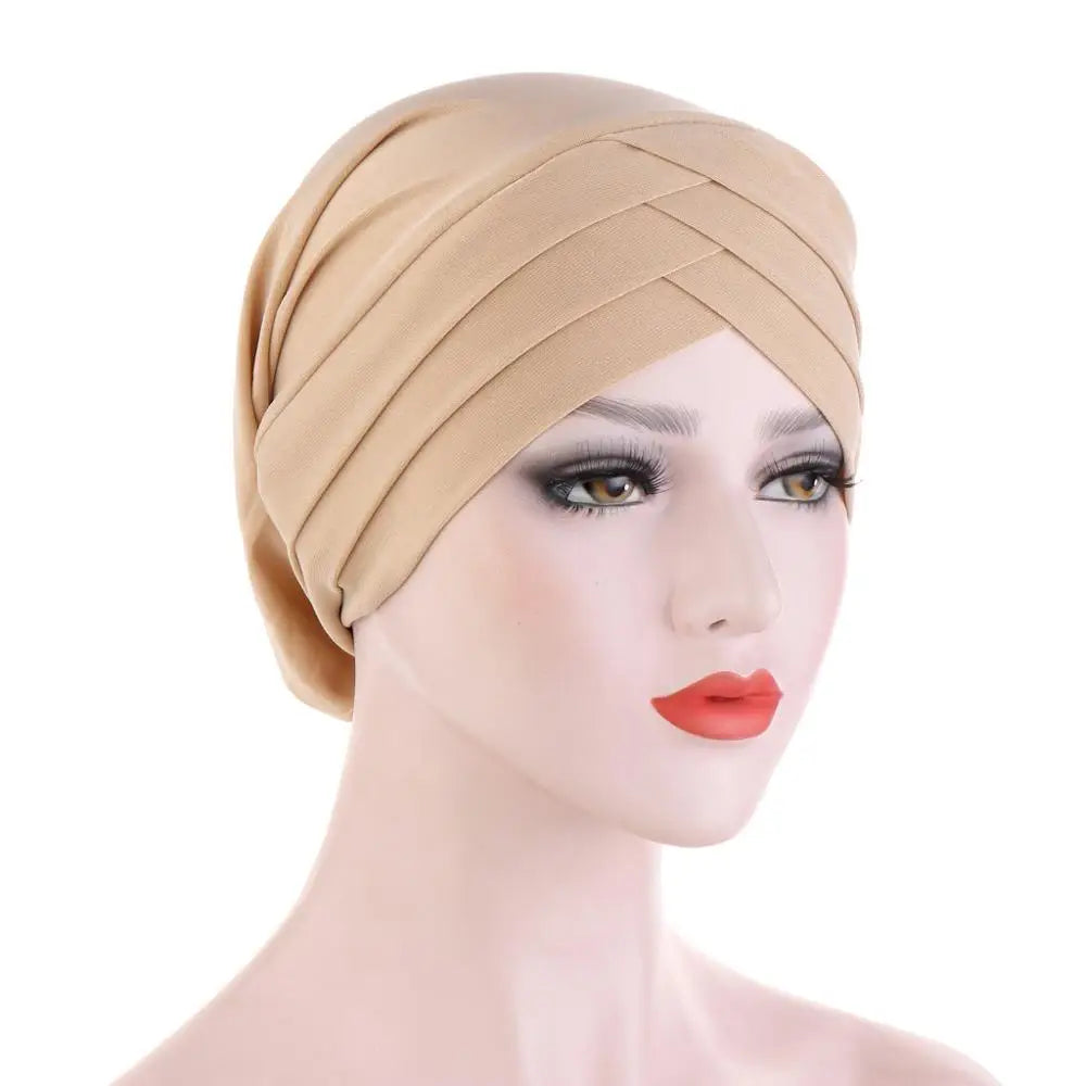 Forehead Cross Muslim Turban Pure Color Stretch Cotton Inner Hijabs For Caps Ready To Wear Women Head Scarf Under Hijab Bonnet