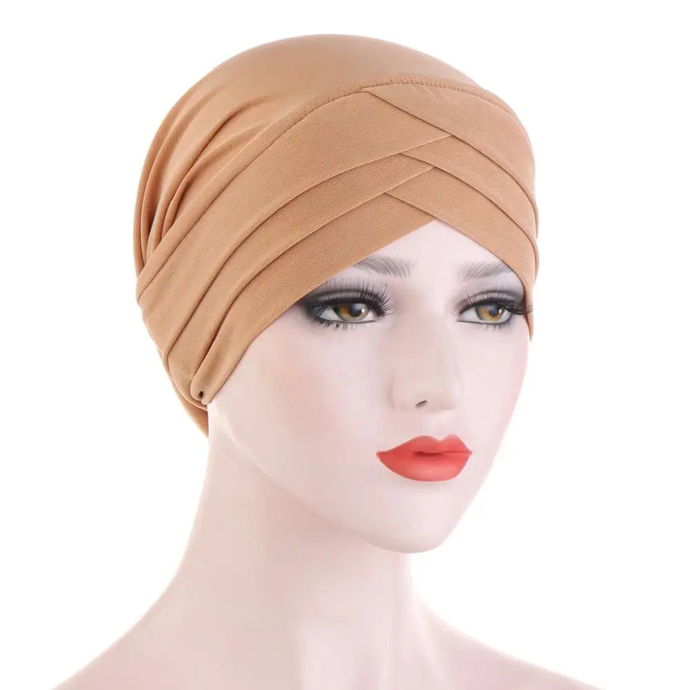 Forehead Cross Muslim Turban Pure Color Stretch Cotton Inner Hijabs For Caps Ready To Wear Women Head Scarf Under Hijab Bonnet