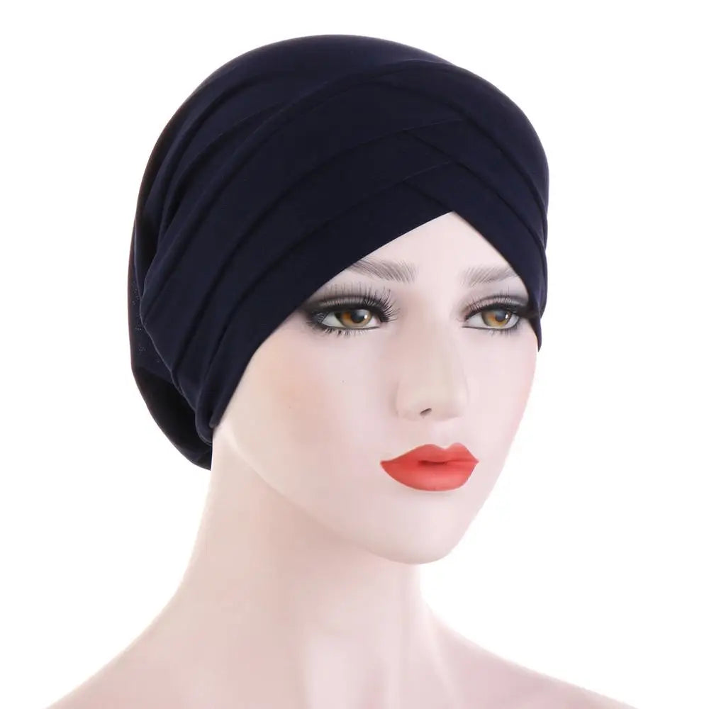 Forehead Cross Muslim Turban Pure Color Stretch Cotton Inner Hijabs For Caps Ready To Wear Women Head Scarf Under Hijab Bonnet