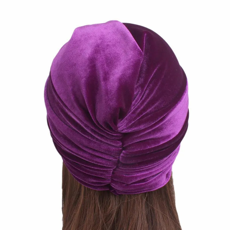 Soft Velvet Stretchy Turban Bonnet Muslim Winter Warm Hat Forehead Cross Hijab Caps Female Underscarf Cap Indian Hat Turbante