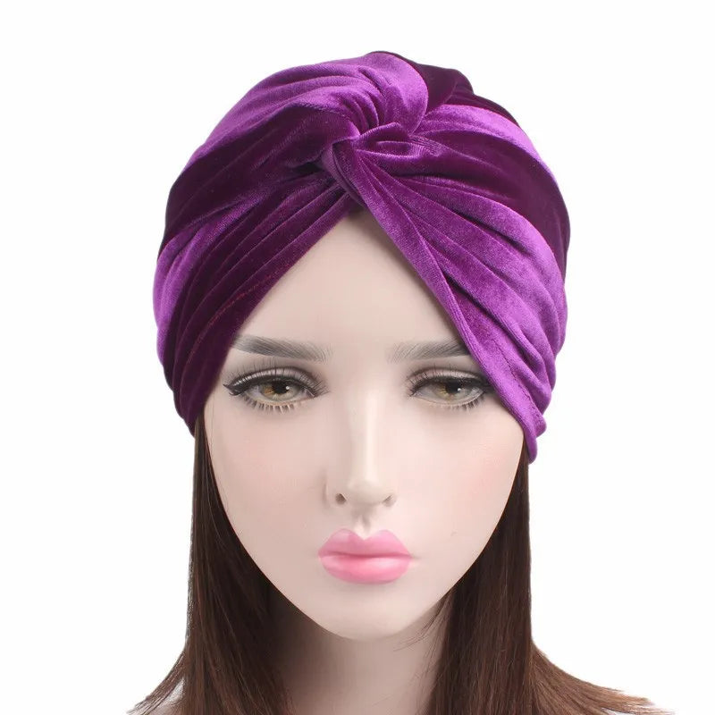Soft Velvet Stretchy Turban Bonnet Muslim Winter Warm Hat Forehead Cross Hijab Caps Female Underscarf Cap Indian Hat Turbante
