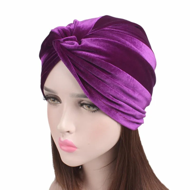Soft Velvet Stretchy Turban Bonnet Muslim Winter Warm Hat Forehead Cross Hijab Caps Female Underscarf Cap Indian Hat Turbante