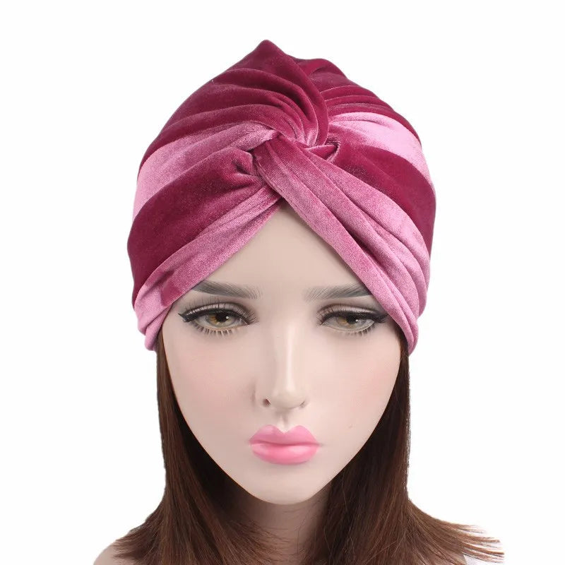 Soft Velvet Stretchy Turban Bonnet Muslim Winter Warm Hat Forehead Cross Hijab Caps Female Underscarf Cap Indian Hat Turbante