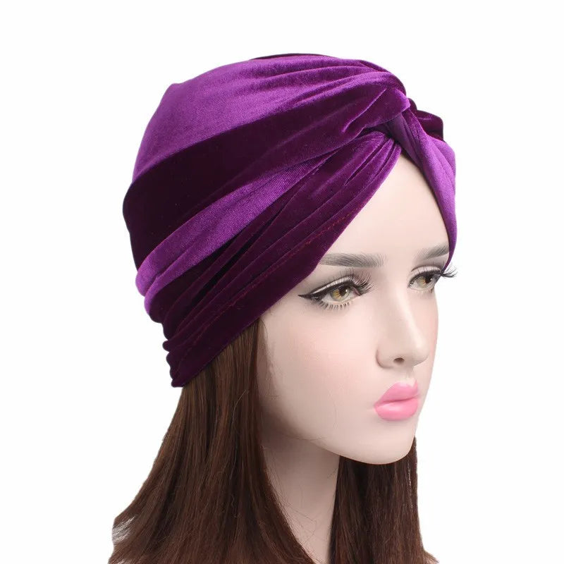 Soft Velvet Stretchy Turban Bonnet Muslim Winter Warm Hat Forehead Cross Hijab Caps Female Underscarf Cap Indian Hat Turbante
