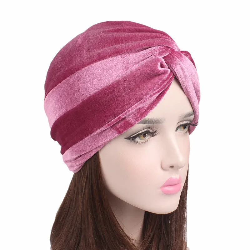 Soft Velvet Stretchy Turban Bonnet Muslim Winter Warm Hat Forehead Cross Hijab Caps Female Underscarf Cap Indian Hat Turbante
