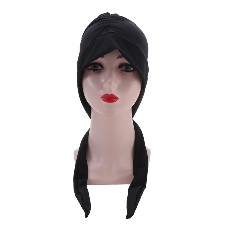 Muslim Women Stretch Solid Color Wrinkle Turban Hat Cancer Chemo Beanies Caps Pre-Tied Scarf Headwear Hair Accessories