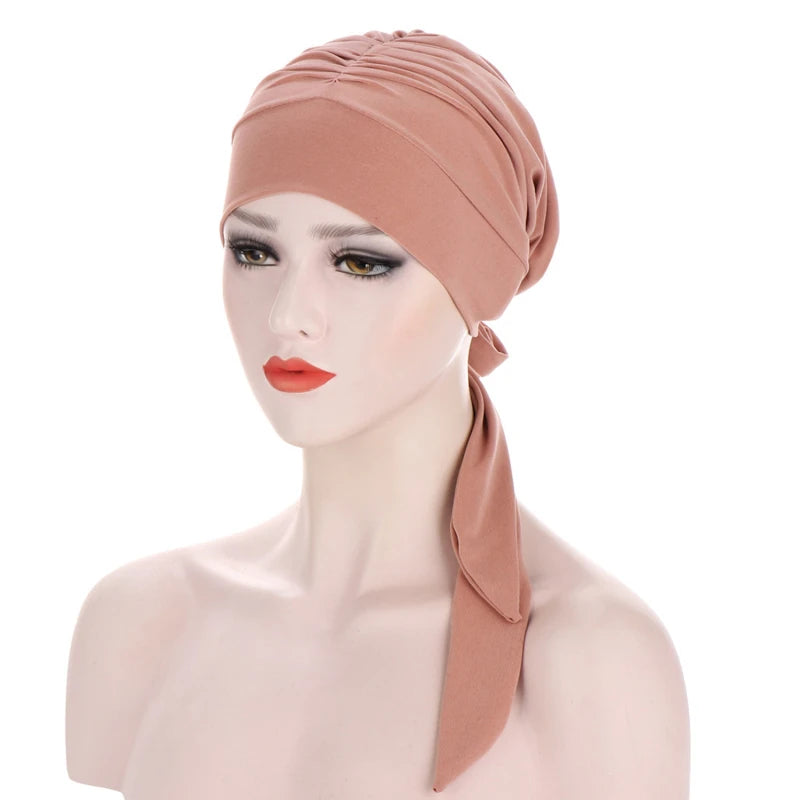 Muslim Women Stretch Solid Color Wrinkle Turban Hat Cancer Chemo Beanies Caps Pre-Tied Scarf Headwear Hair Accessories