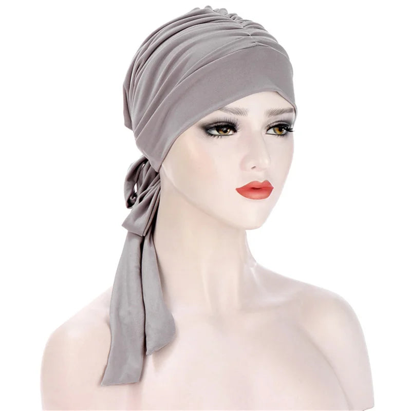 Muslim Women Stretch Solid Color Wrinkle Turban Hat Cancer Chemo Beanies Caps Pre-Tied Scarf Headwear Hair Accessories