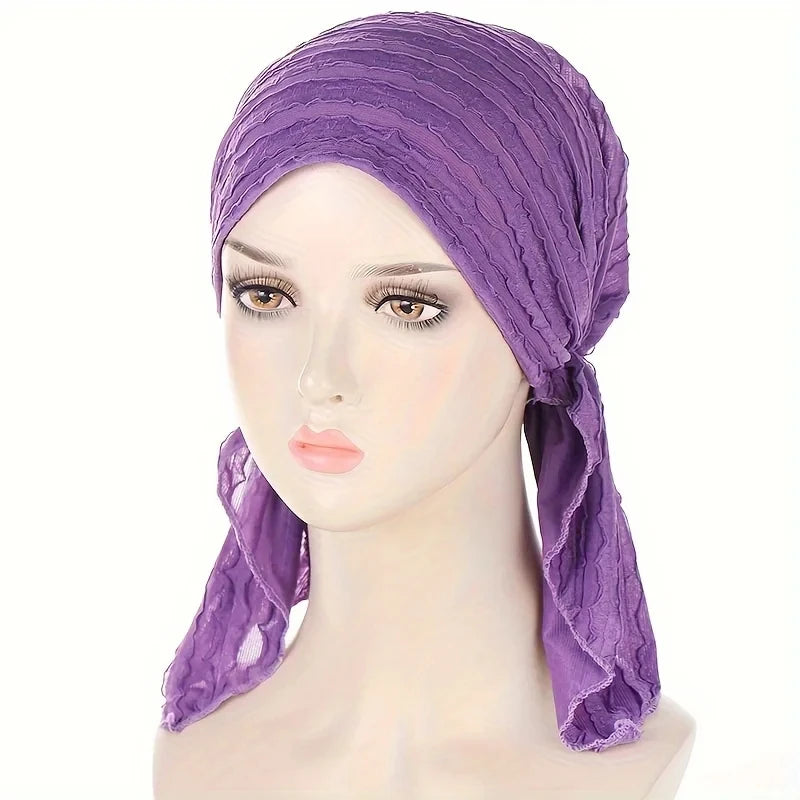 2024 New Women's Hijab Ruffle Trim Breathable Pleated Head Scarf Cap Breathable Hair Cap Fashionable Turban Multicolor Available