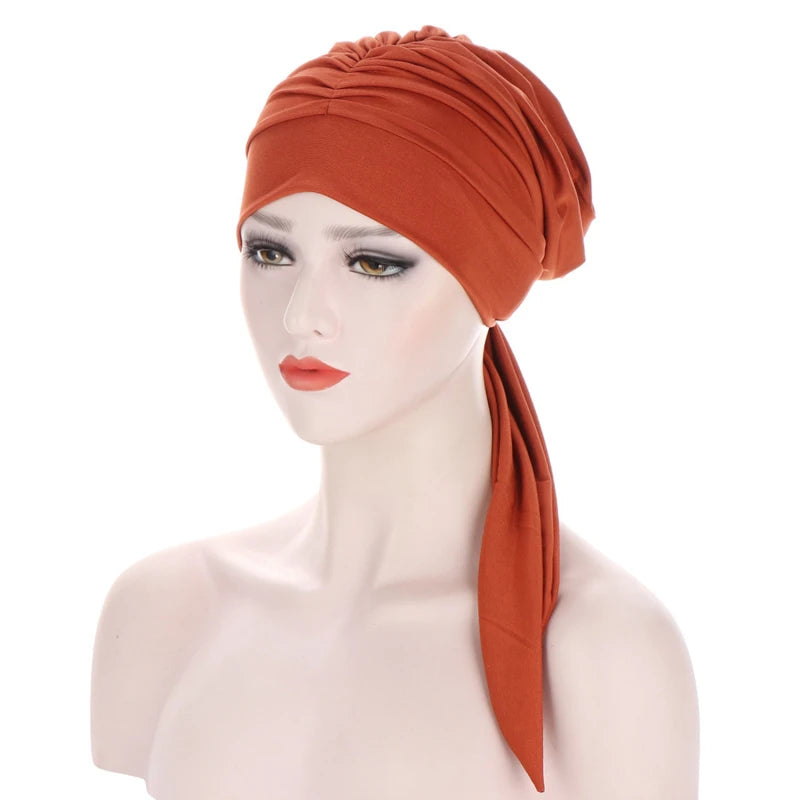 Muslim Women Stretch Solid Color Wrinkle Turban Hat Cancer Chemo Beanies Caps Pre-Tied Scarf Headwear Hair Accessories