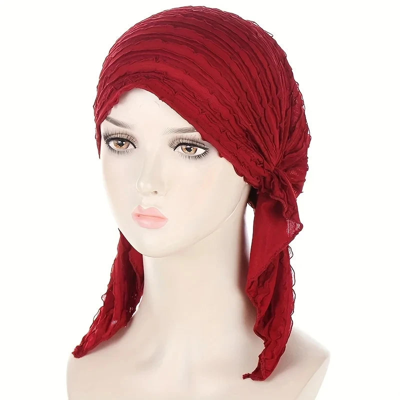 2024 New Women's Hijab Ruffle Trim Breathable Pleated Head Scarf Cap Breathable Hair Cap Fashionable Turban Multicolor Available