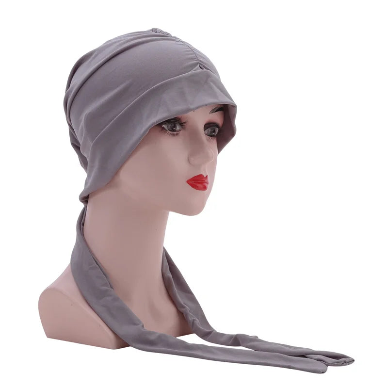 Muslim Women Stretch Solid Color Wrinkle Turban Hat Cancer Chemo Beanies Caps Pre-Tied Scarf Headwear Hair Accessories