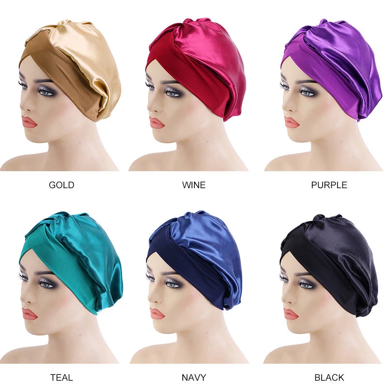 New Women Satin Bonnet Wide Stretch Band Hair Care Comfortable Lady Night Sleep Hat Adjust Hair Styling Cap Head Wrap