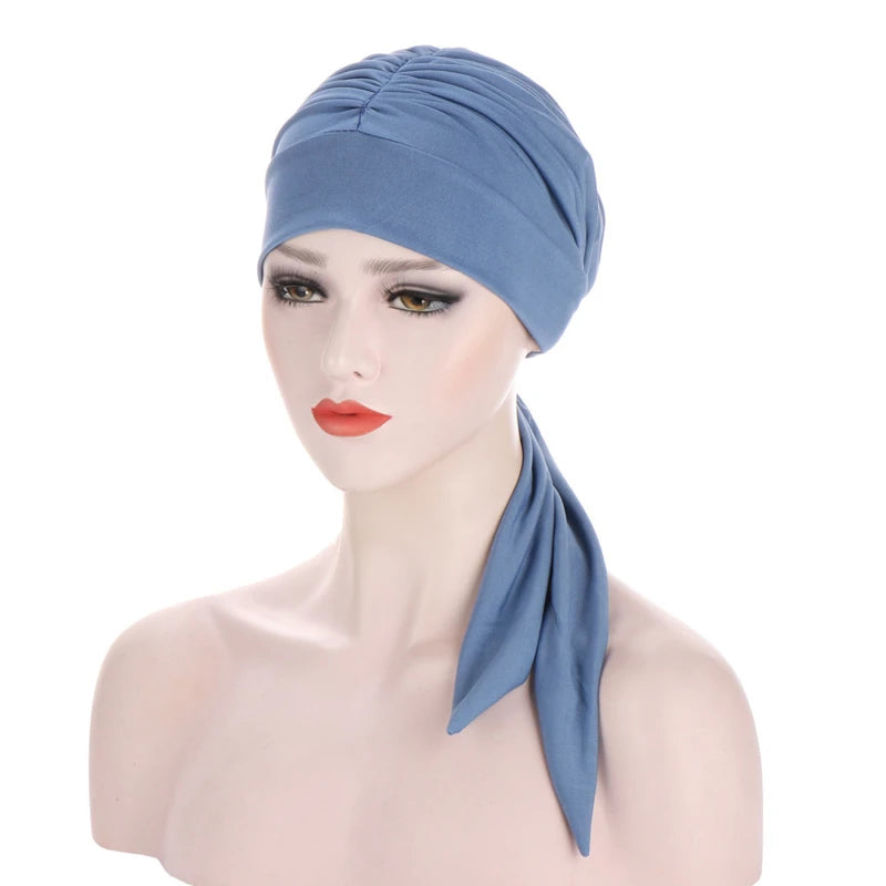 Muslim Women Stretch Solid Color Wrinkle Turban Hat Cancer Chemo Beanies Caps Pre-Tied Scarf Headwear Hair Accessories