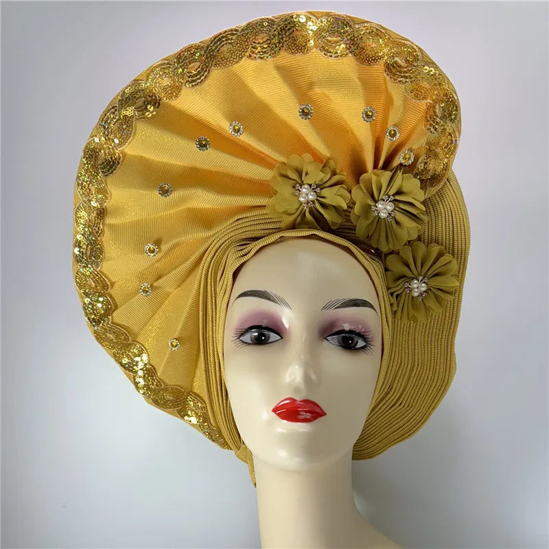 latest aso oke auto gele headtie Already Handmade African Cap Nigerian Wedding Gele Women Braid Turbans Ladies head Wraps 7L0981