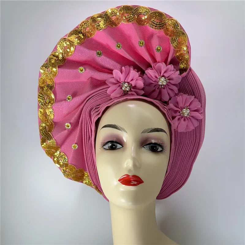 latest aso oke auto gele headtie Already Handmade African Cap Nigerian Wedding Gele Women Braid Turbans Ladies head Wraps 7L0981