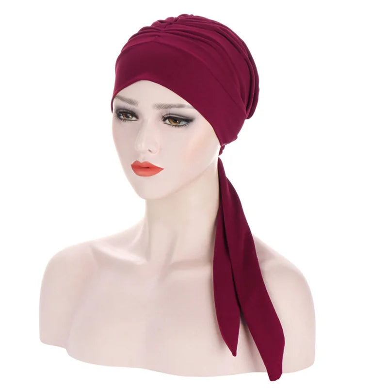Muslim Women Stretch Solid Color Wrinkle Turban Hat Cancer Chemo Beanies Caps Pre-Tied Scarf Headwear Hair Accessories