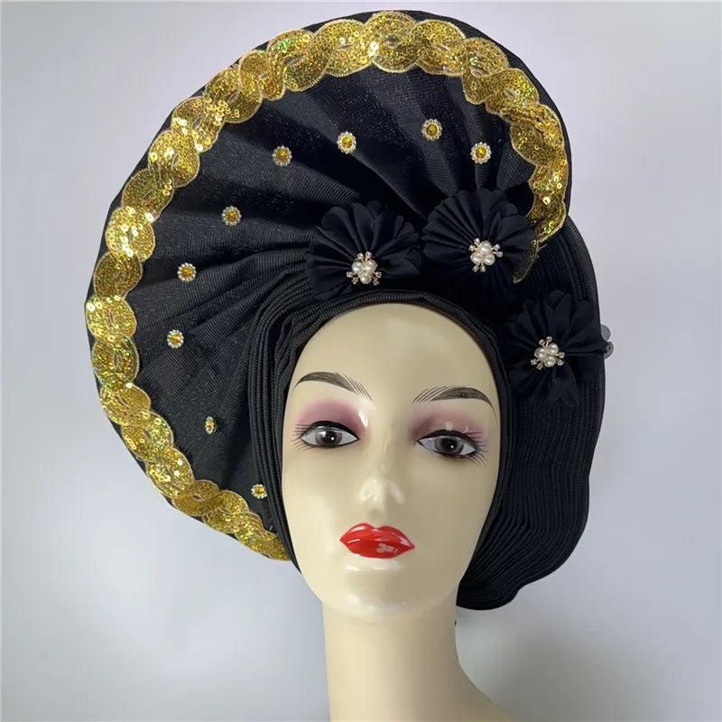 latest aso oke auto gele headtie Already Handmade African Cap Nigerian Wedding Gele Women Braid Turbans Ladies head Wraps 7L0981