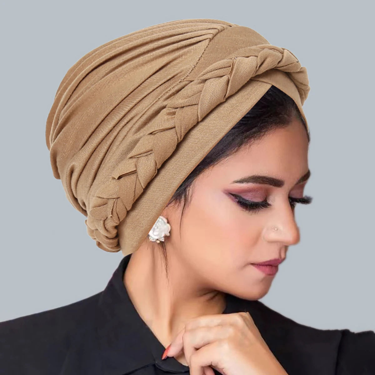 Solid Color Braid Muslim Hijab Caps Crossed Forehead Women Wrap Head Soft Elastic Fashion Indian Turban Bonnet