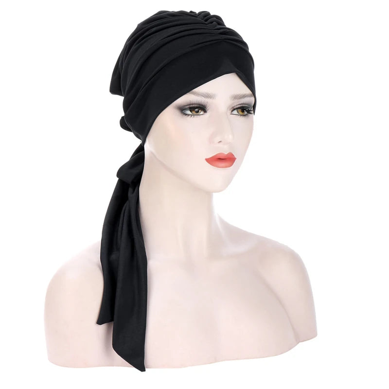 Muslim Women Stretch Solid Color Wrinkle Turban Hat Cancer Chemo Beanies Caps Pre-Tied Scarf Headwear Hair Accessories