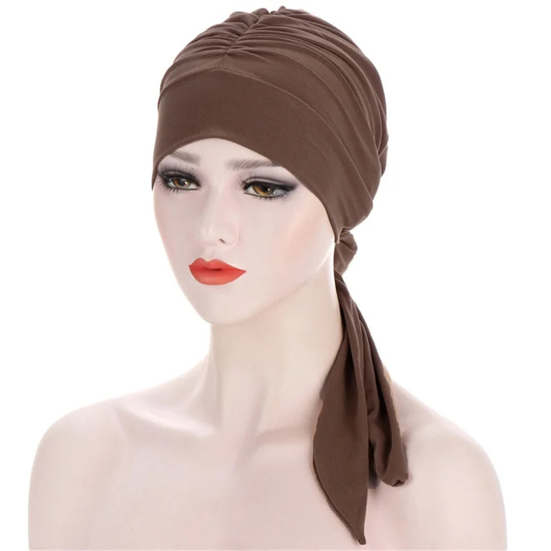 Muslim Women Stretch Solid Color Wrinkle Turban Hat Cancer Chemo Beanies Caps Pre-Tied Scarf Headwear Hair Accessories