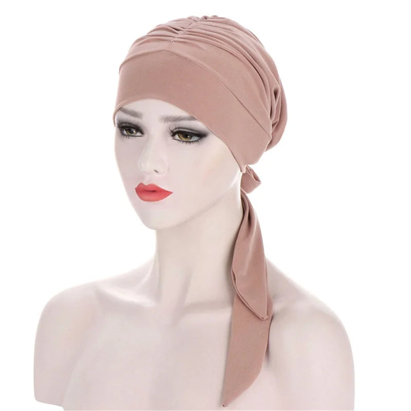 Muslim Women Stretch Solid Color Wrinkle Turban Hat Cancer Chemo Beanies Caps Pre-Tied Scarf Headwear Hair Accessories