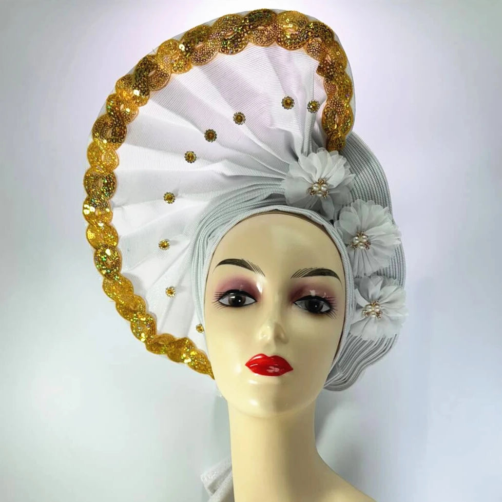 latest aso oke auto gele headtie Already Handmade African Cap Nigerian Wedding Gele Women Braid Turbans Ladies head Wraps 7L0981