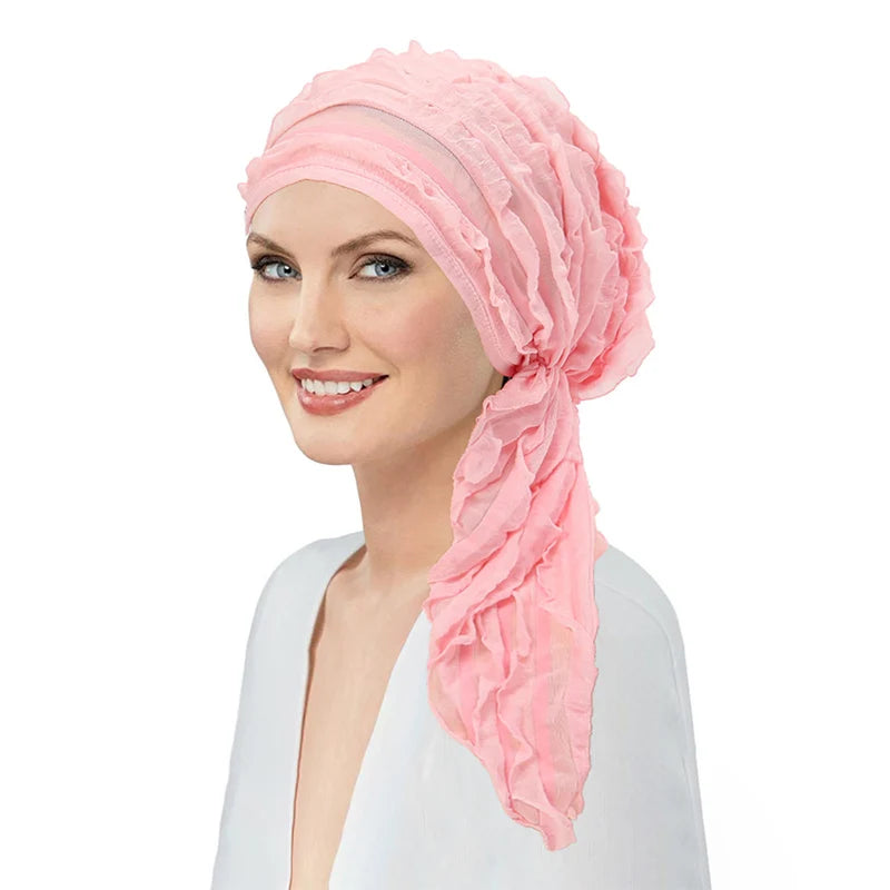 New Muslim Ruffled Headscarf Cap Women Chic Design Thin Hair Loss Headwrap Turbante Woman Solid Color Islamic Underscarf Bonnet