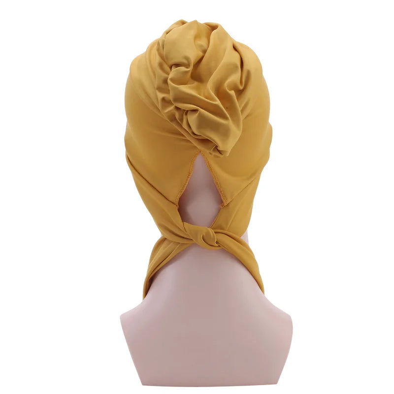 Muslim Women Stretch Solid Color Wrinkle Turban Hat Cancer Chemo Beanies Caps Pre-Tied Scarf Headwear Hair Accessories
