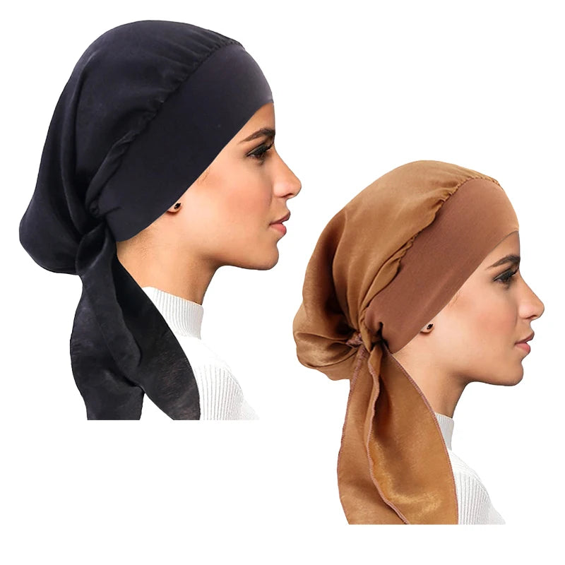 2PCS/LOT Women Muslim Pre-Tied Turban Cap Headscarf Hijab Chemo Hat Hair Loss Headscarf Wrap Strech Bandana Hair Accessories