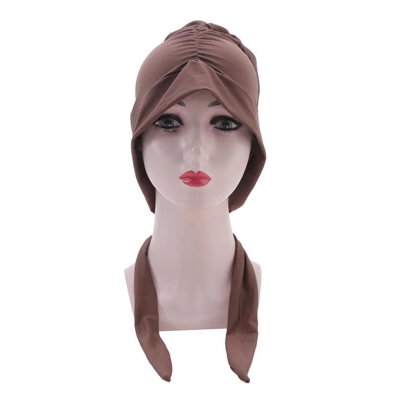 Muslim Women Stretch Solid Color Wrinkle Turban Hat Cancer Chemo Beanies Caps Pre-Tied Scarf Headwear Hair Accessories