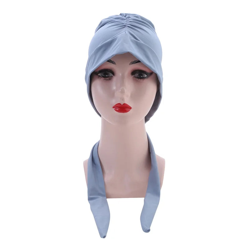 Muslim Women Stretch Solid Color Wrinkle Turban Hat Cancer Chemo Beanies Caps Pre-Tied Scarf Headwear Hair Accessories