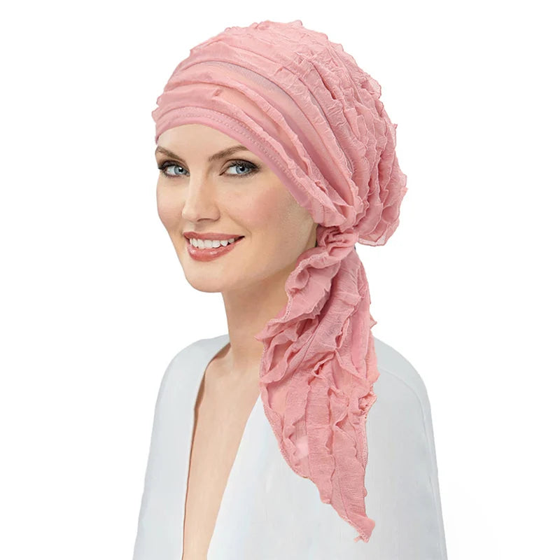 New Muslim Ruffled Headscarf Cap Women Chic Design Thin Hair Loss Headwrap Turbante Woman Solid Color Islamic Underscarf Bonnet
