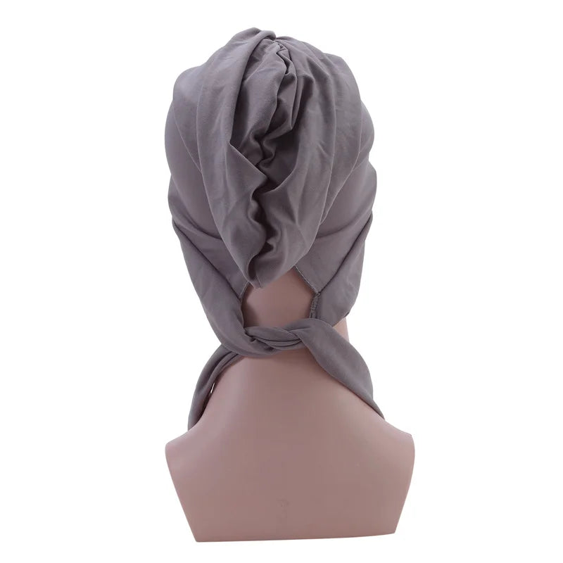 Muslim Women Stretch Solid Color Wrinkle Turban Hat Cancer Chemo Beanies Caps Pre-Tied Scarf Headwear Hair Accessories