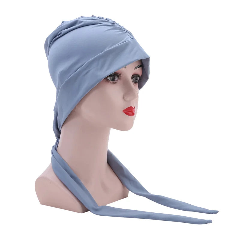 Muslim Women Stretch Solid Color Wrinkle Turban Hat Cancer Chemo Beanies Caps Pre-Tied Scarf Headwear Hair Accessories