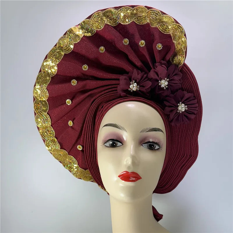 latest aso oke auto gele headtie Already Handmade African Cap Nigerian Wedding Gele Women Braid Turbans Ladies head Wraps 7L0981