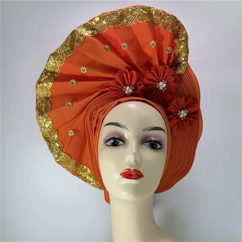latest aso oke auto gele headtie Already Handmade African Cap Nigerian Wedding Gele Women Braid Turbans Ladies head Wraps 7L0981