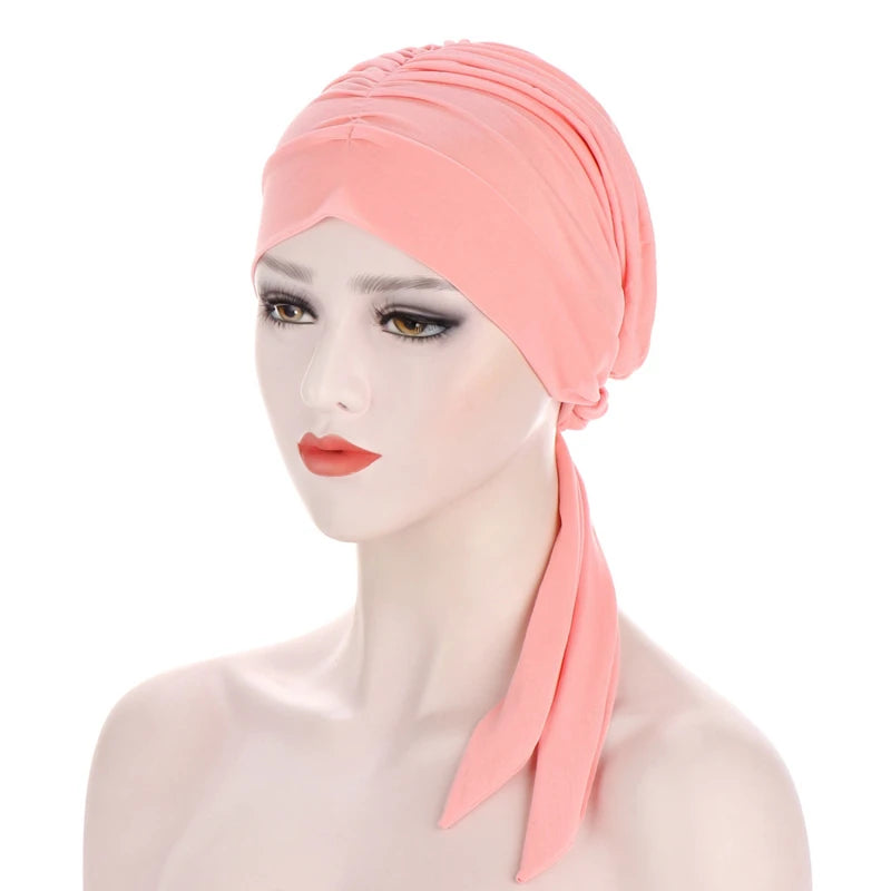Muslim Women Stretch Solid Color Wrinkle Turban Hat Cancer Chemo Beanies Caps Pre-Tied Scarf Headwear Hair Accessories