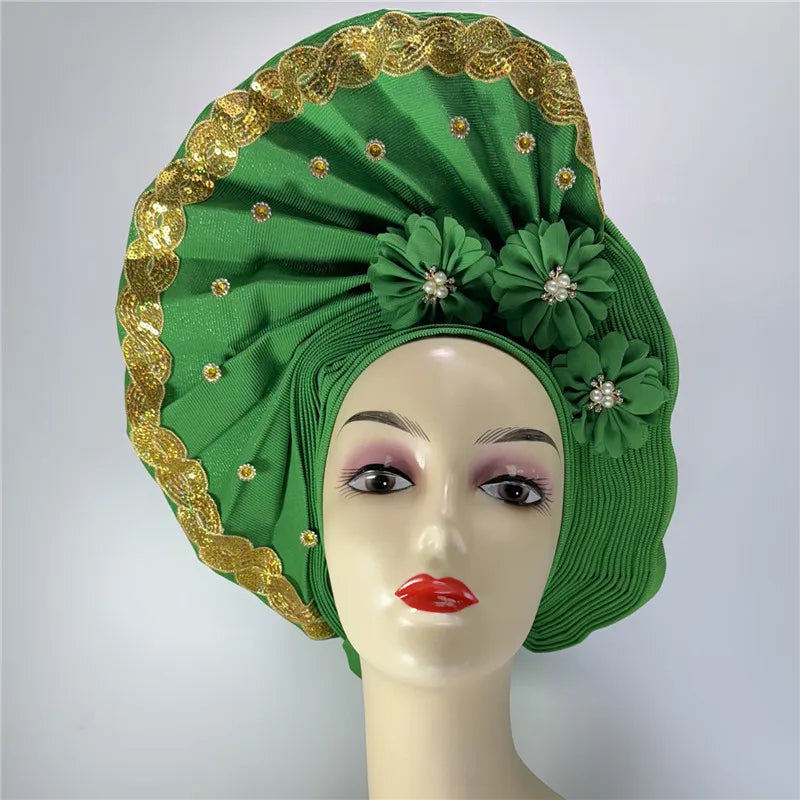 latest aso oke auto gele headtie Already Handmade African Cap Nigerian Wedding Gele Women Braid Turbans Ladies head Wraps 7L0981