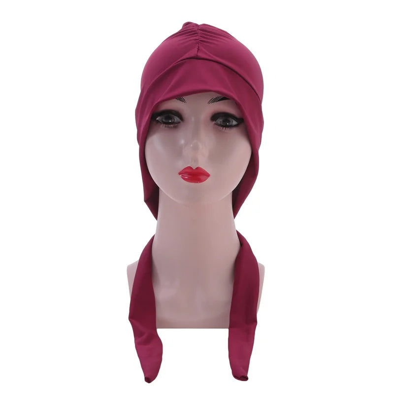 Muslim Women Stretch Solid Color Wrinkle Turban Hat Cancer Chemo Beanies Caps Pre-Tied Scarf Headwear Hair Accessories