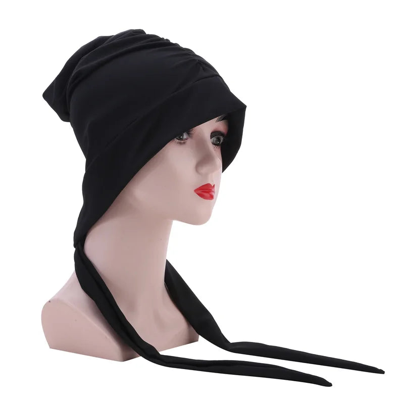 Muslim Women Stretch Solid Color Wrinkle Turban Hat Cancer Chemo Beanies Caps Pre-Tied Scarf Headwear Hair Accessories