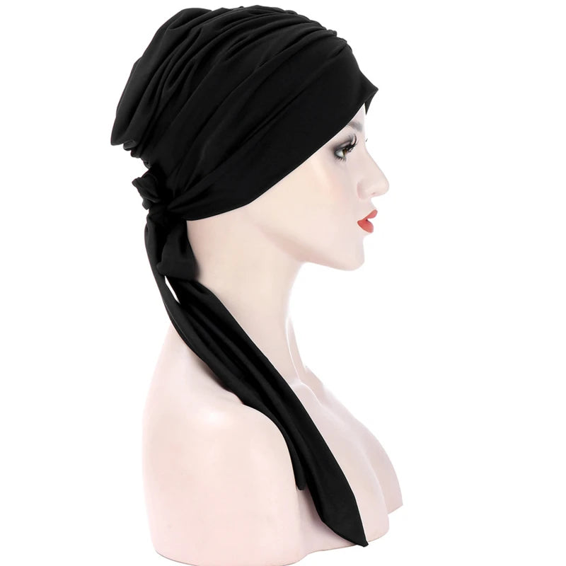 Muslim Women Stretch Solid Color Wrinkle Turban Hat Cancer Chemo Beanies Caps Pre-Tied Scarf Headwear Hair Accessories