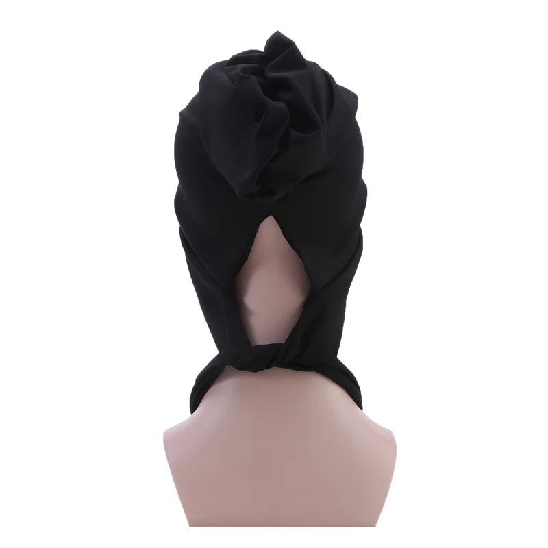 Muslim Women Stretch Solid Color Wrinkle Turban Hat Cancer Chemo Beanies Caps Pre-Tied Scarf Headwear Hair Accessories