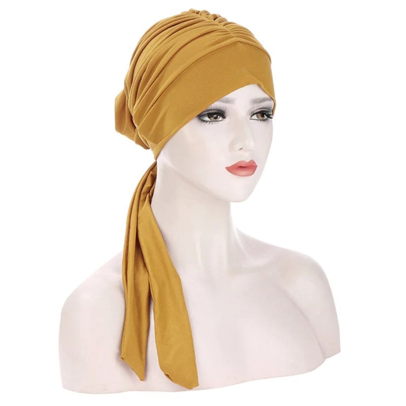 Muslim Women Stretch Solid Color Wrinkle Turban Hat Cancer Chemo Beanies Caps Pre-Tied Scarf Headwear Hair Accessories