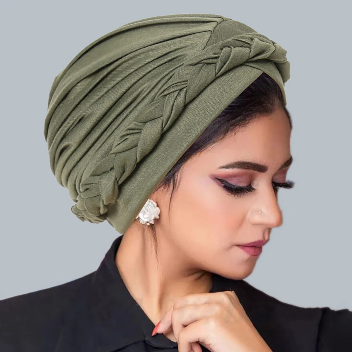 Solid Color Braid Muslim Hijab Caps Crossed Forehead Women Wrap Head Soft Elastic Fashion Indian Turban Bonnet