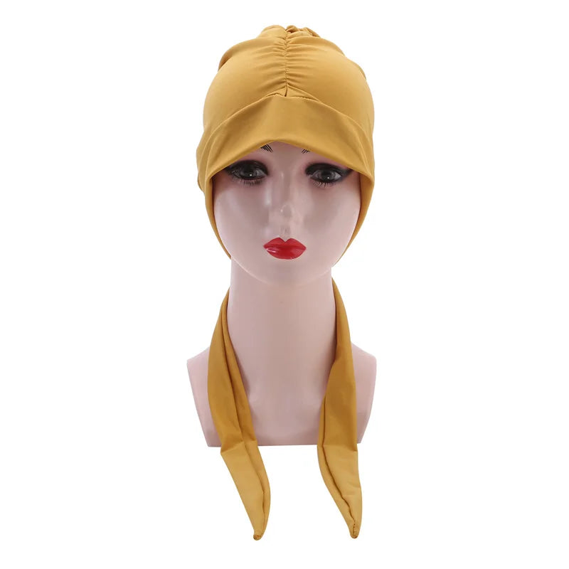 Muslim Women Stretch Solid Color Wrinkle Turban Hat Cancer Chemo Beanies Caps Pre-Tied Scarf Headwear Hair Accessories