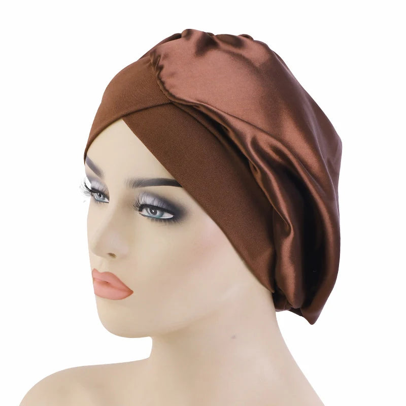 New Women Satin Bonnet Wide Stretch Band Hair Care Comfortable Lady Night Sleep Hat Adjust Hair Styling Cap Head Wrap