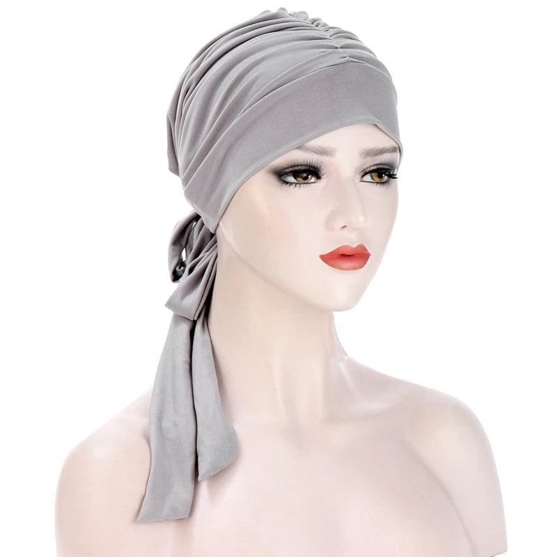 Muslim Women Stretch Solid Color Wrinkle Turban Hat Cancer Chemo Beanies Caps Pre-Tied Scarf Headwear Hair Accessories