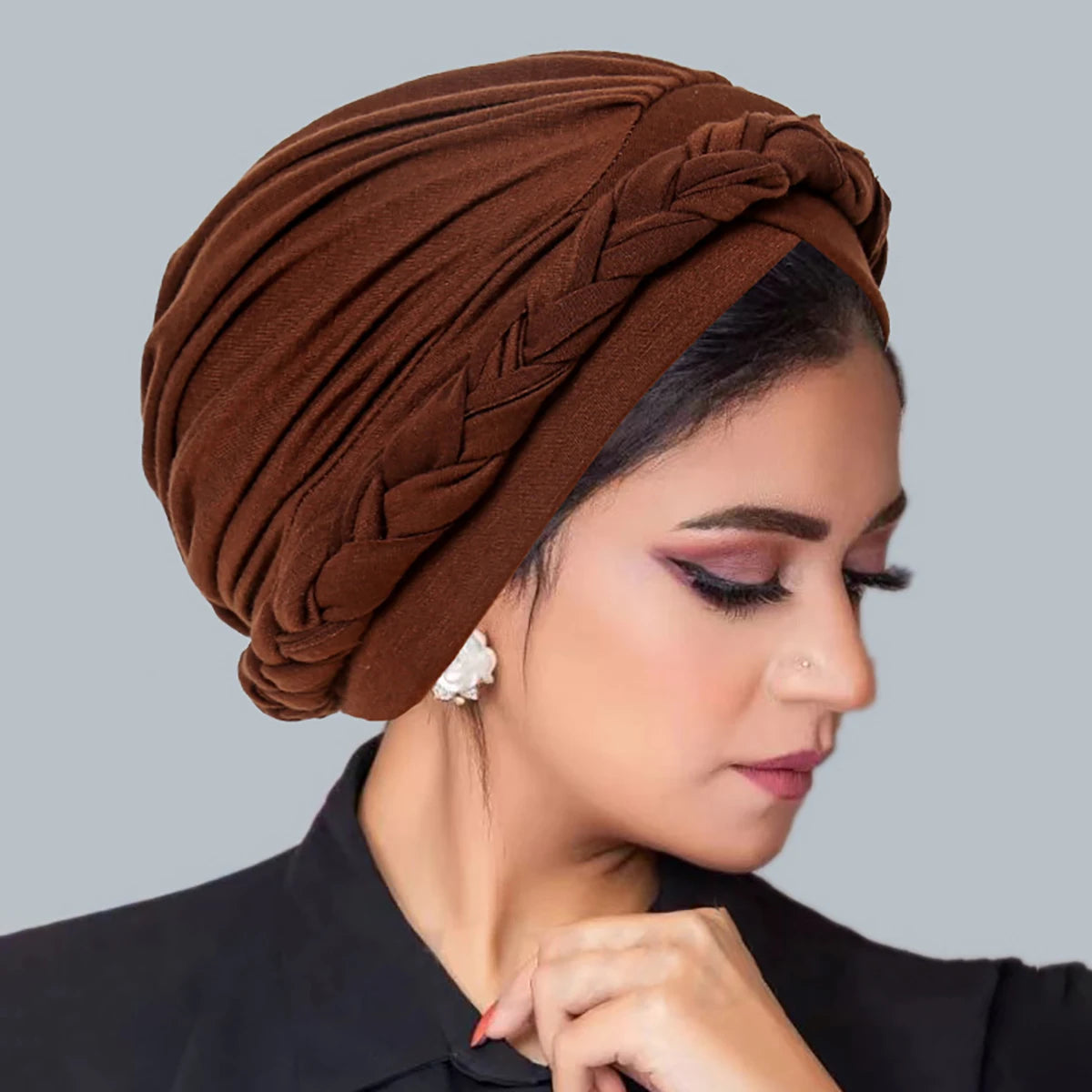 Solid Color Braid Muslim Hijab Caps Crossed Forehead Women Wrap Head Soft Elastic Fashion Indian Turban Bonnet